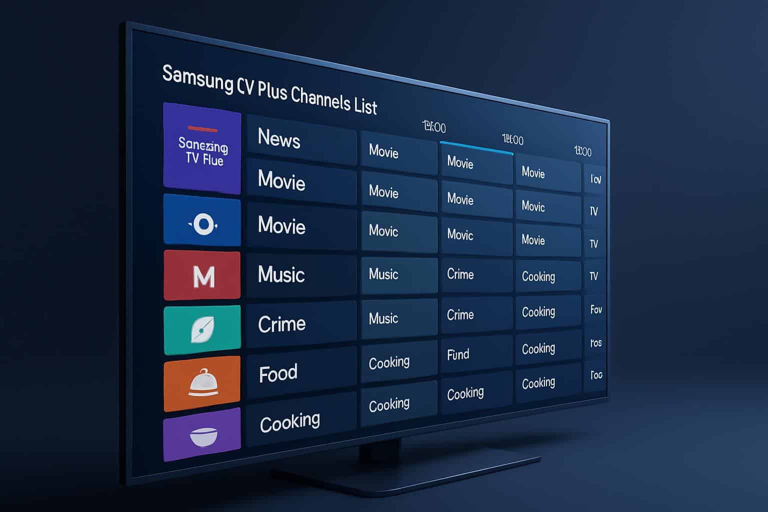 Angled view of Samsung TV Plus channels list UI with EPG grid and channel tiles