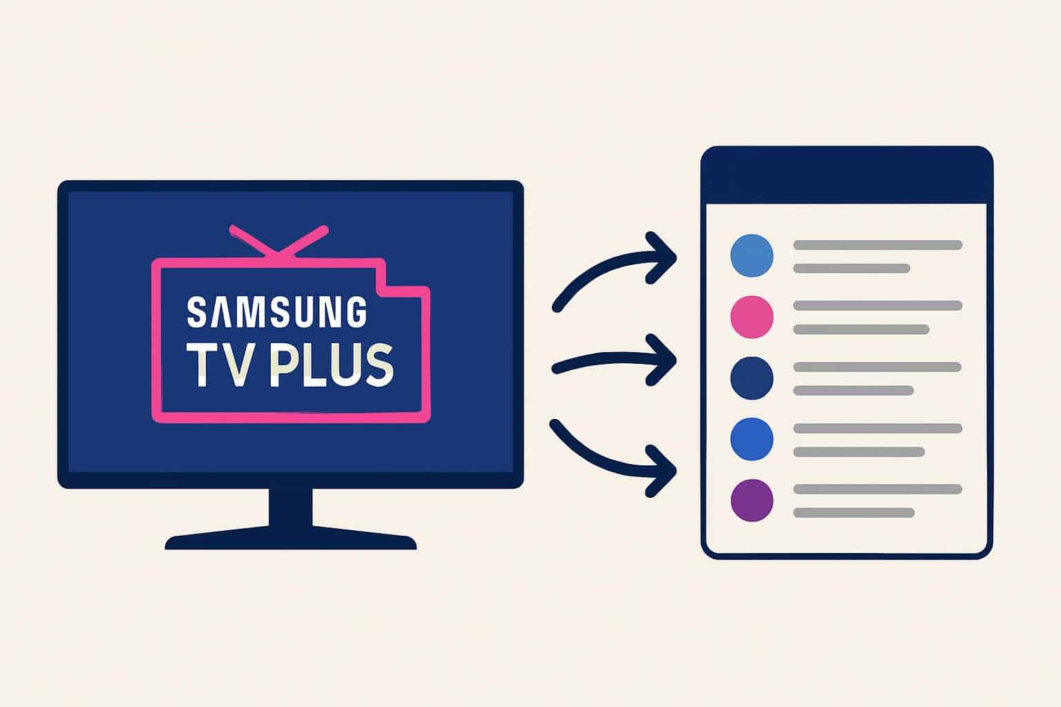 Icon-based flowchart of Samsung TV Plus channels list navigation