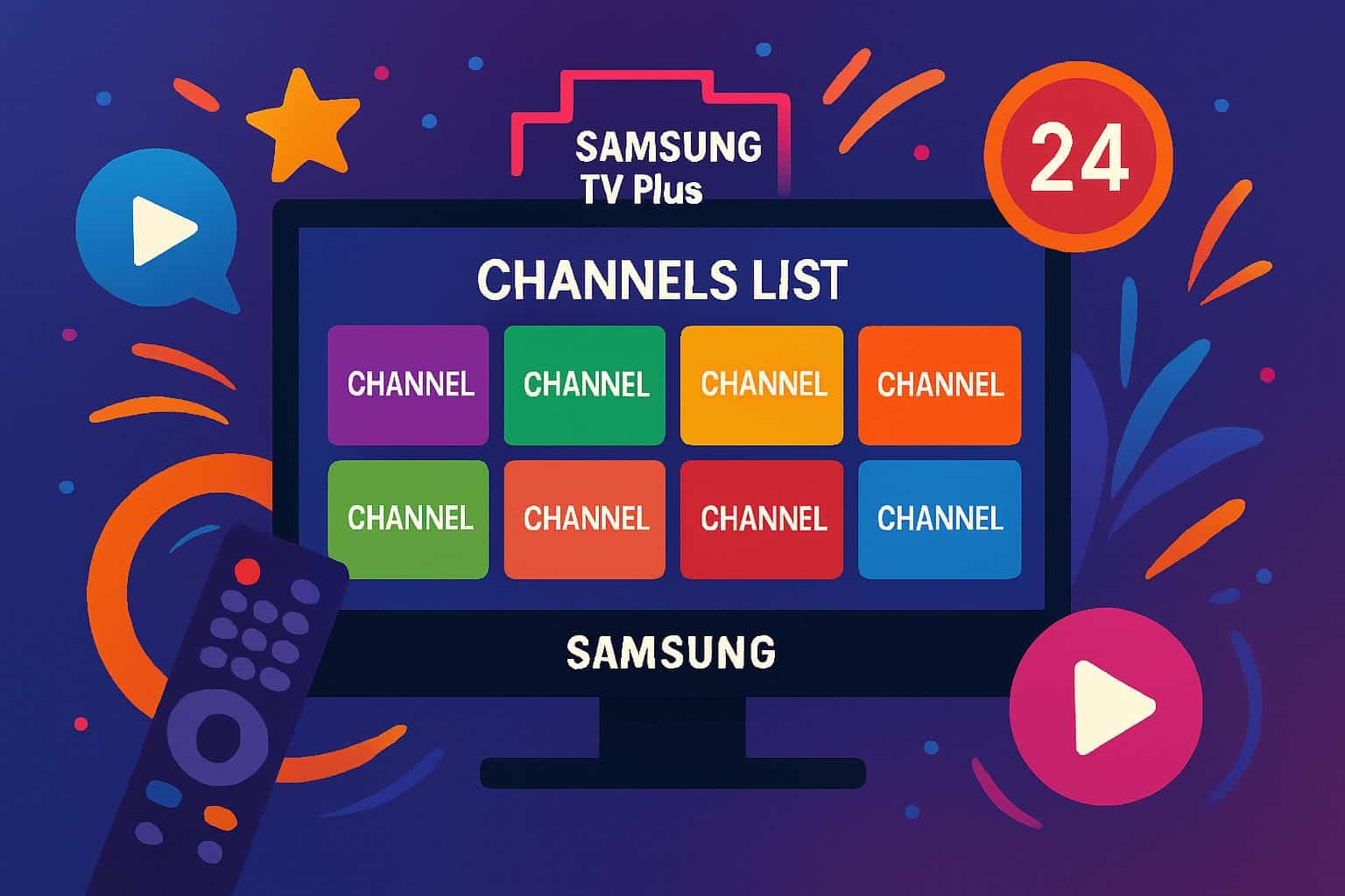 Samsung smart TV showing Samsung TV Plus channels list grid with vibrant channel tiles