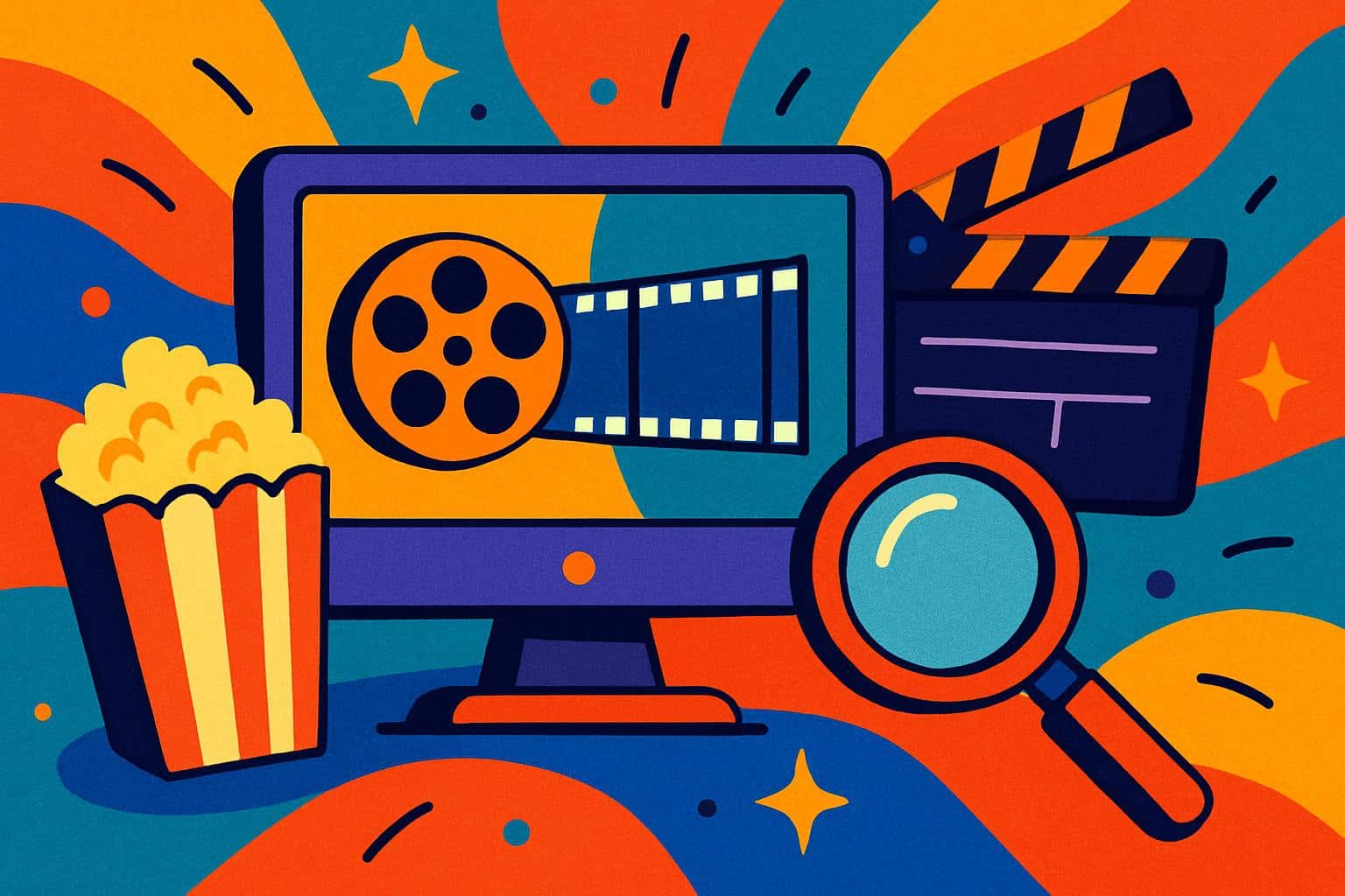 LookMovie concept: colorful film reel, TV screens, and play icons
