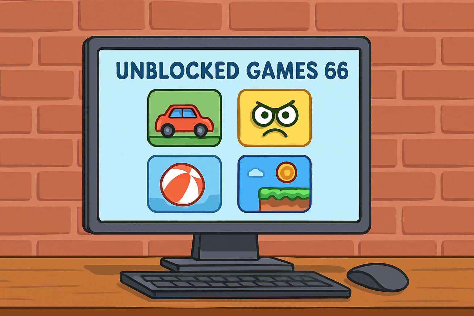 Unblocked games 66 theme: school laptop with arcade tiles, game controller, broken padlock