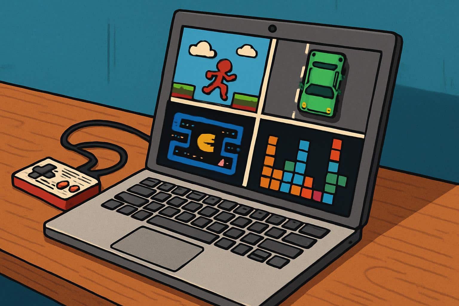 Unblocked games 66: isometric school laptop with arcade icons and an unlocked padlock