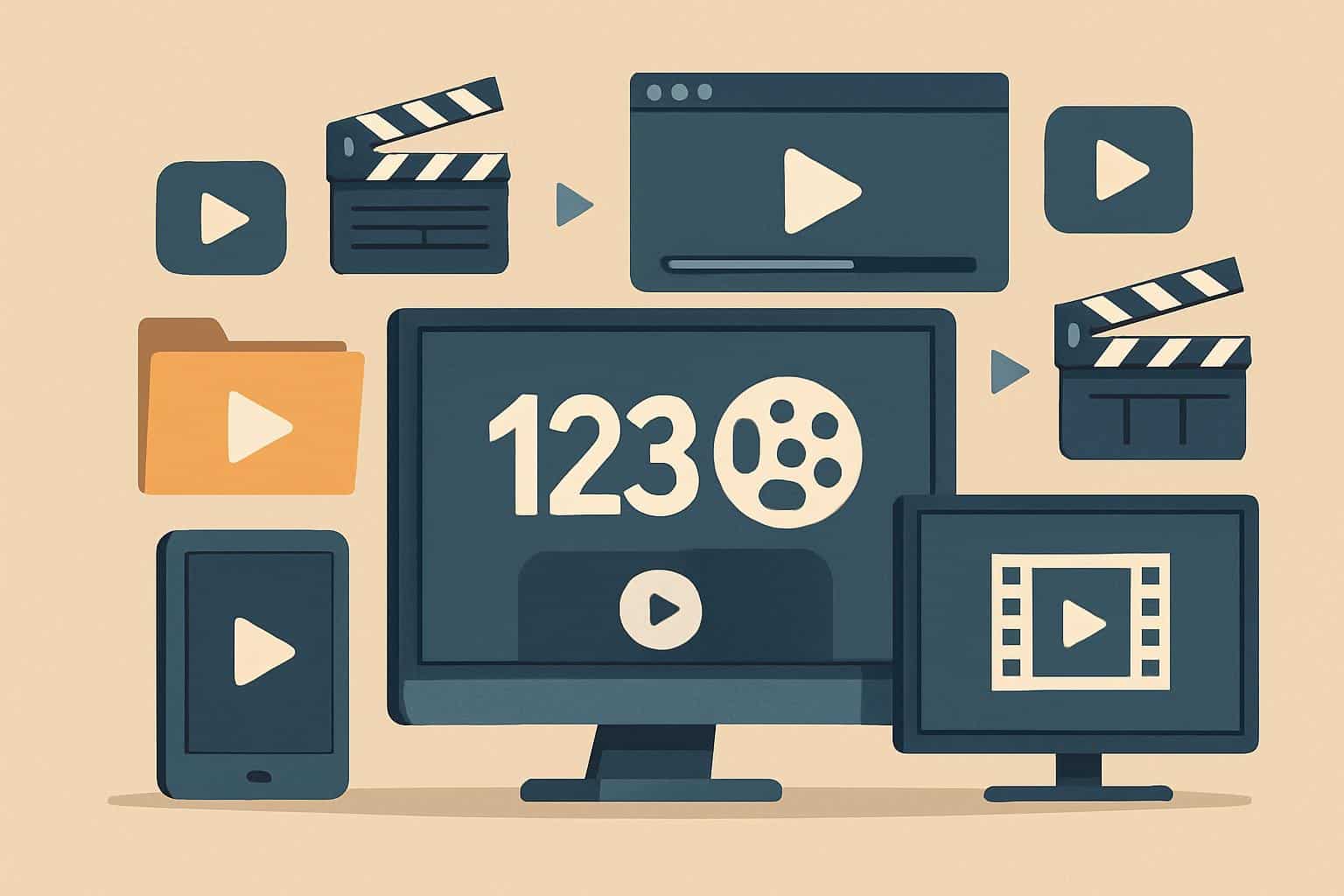 Abstract streaming collage: film reel, play buttons, branching paths for 123movies alternatives