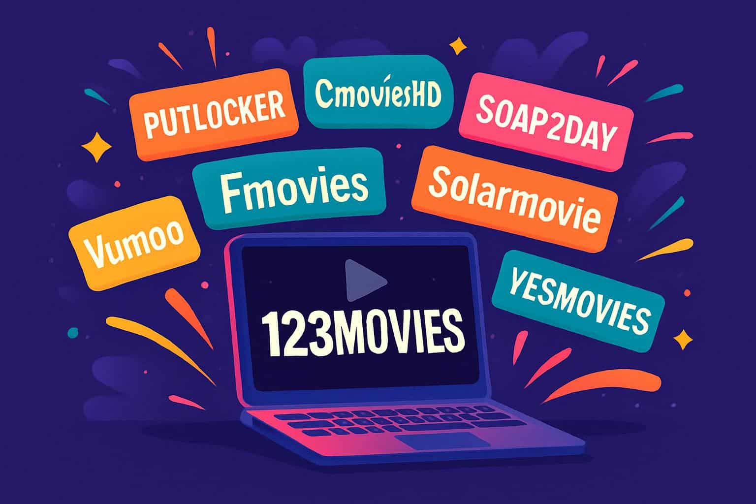 Vibrant collage of movie thumbnails and play icons representing 123movies alternatives