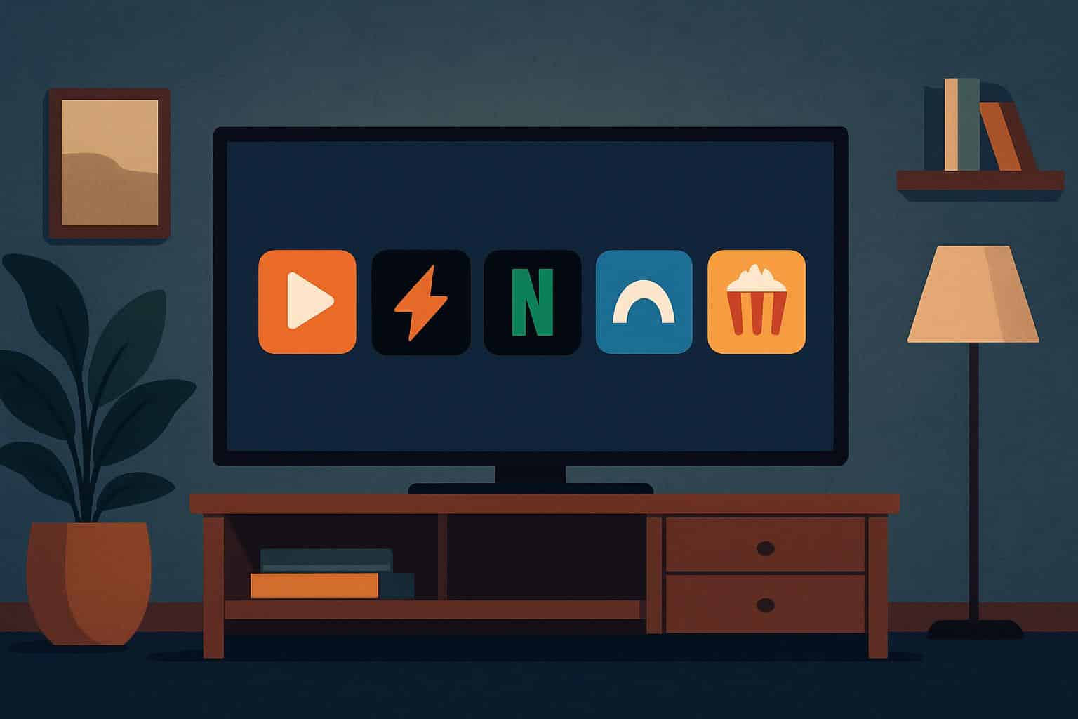 sflix alternatives: wide smart TV interface with movie posters and streaming app tiles
