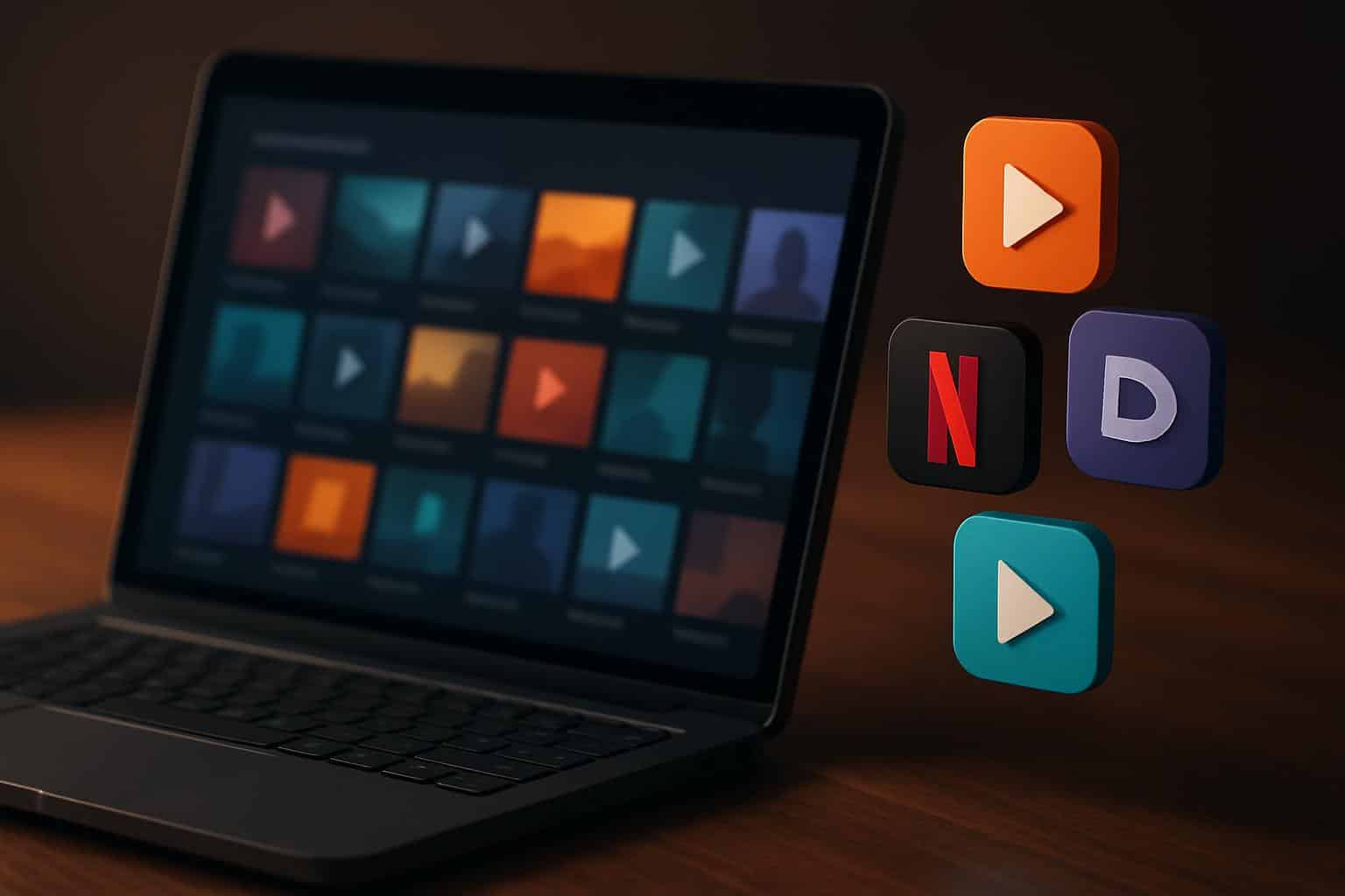 isometric sflix alternatives: streaming screens radiate from a central play icon