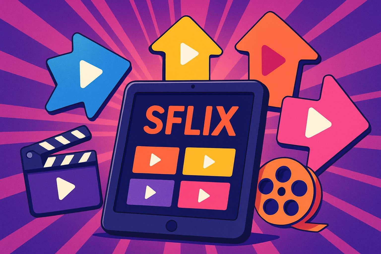 Vibrant collage of streaming screens, play buttons, and film reels for sflix alternatives
