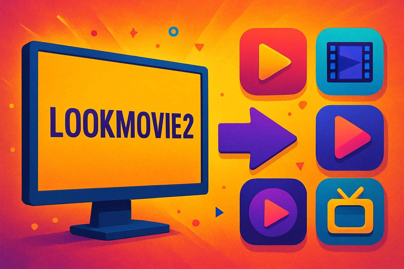 Vibrant collage of streaming icons and film reel illustrating LookMovie2.to alternatives
