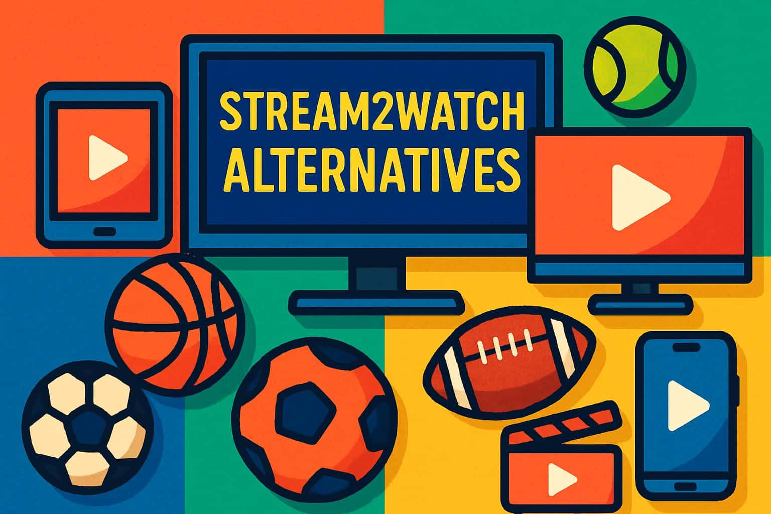 Vibrant collage of sports streaming screens illustrating Stream2Watch alternatives on many devices