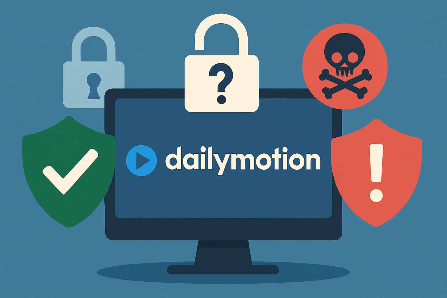 Dailymotion logo on screen with shield and padlock, illustrating site safety and security
