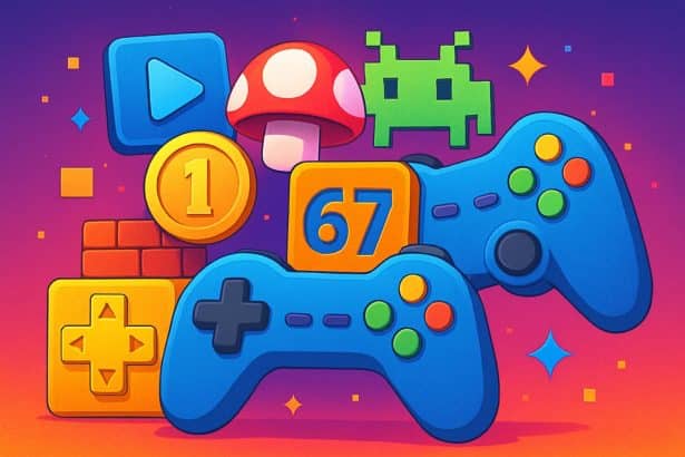 Neon pixel arcade scene with joystick and gamepad for Unblocked Games 67