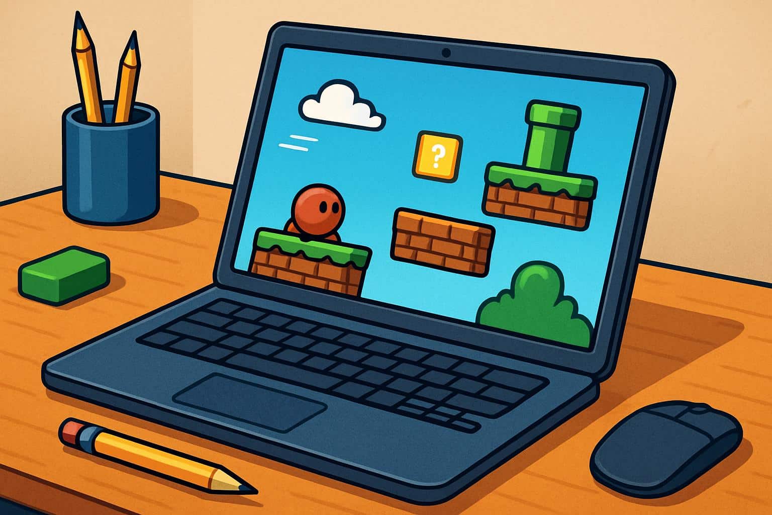 Isometric school laptop with unlocked padlock and arcade icons, Unblocked Games