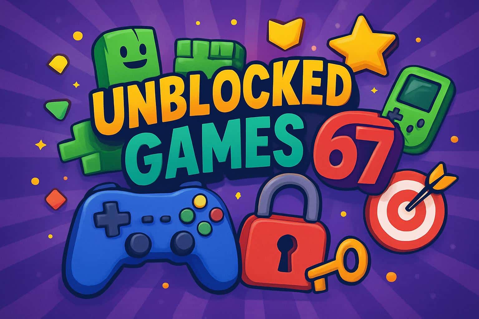 Colorful arcade collage with joystick, open padlock, and game icons for unblocked games 67