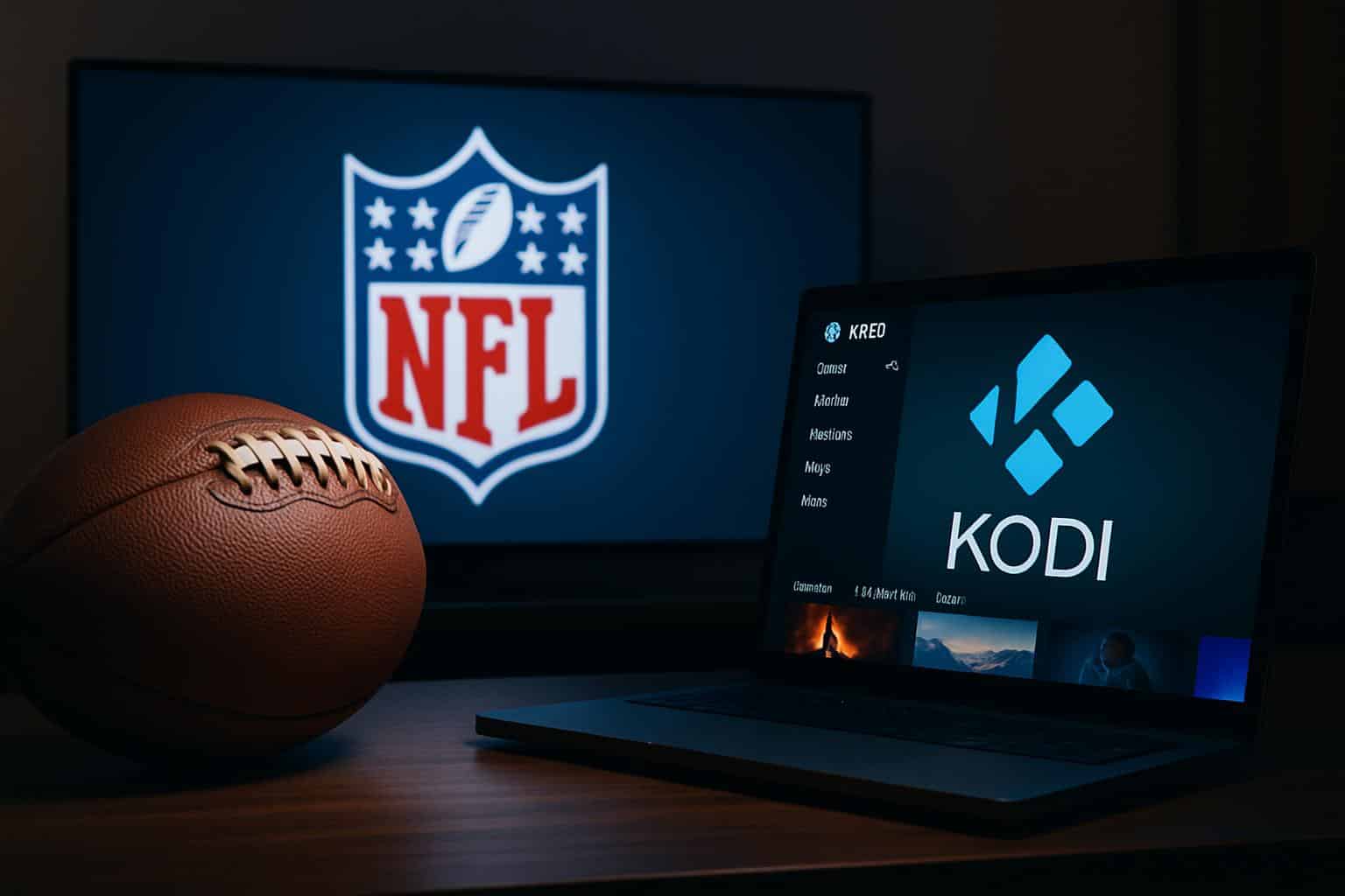 Kodi interface on TV with NFL helmet and field graphics, streaming box and remote