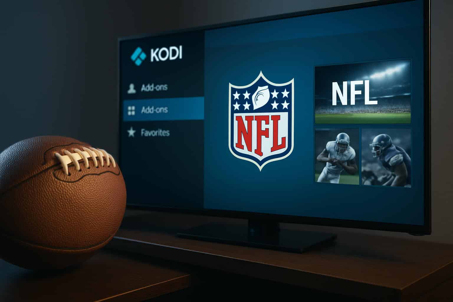 Kodi home screen on TV, football field overlay, concept for watching NFL on Kodi