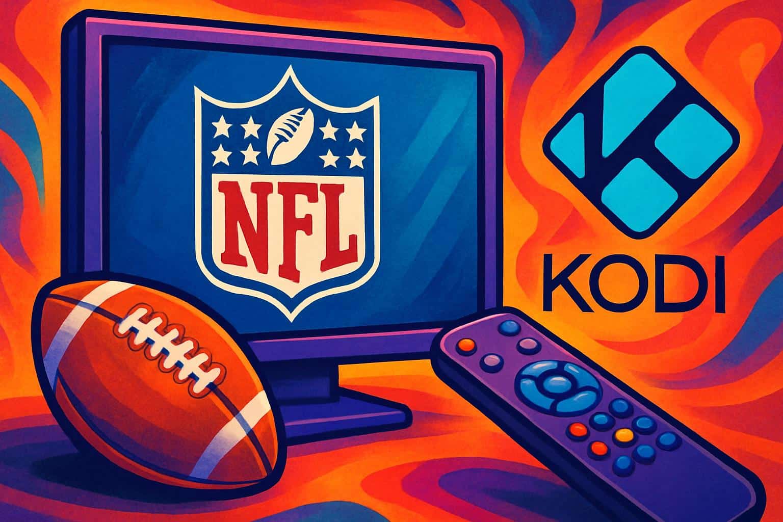 TV showing Kodi interface with football and stadium lights