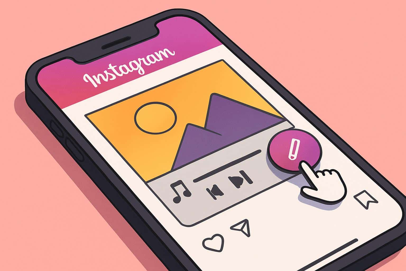 Tilted smartphone with Instagram post edit screen, music icon highlighted to change song