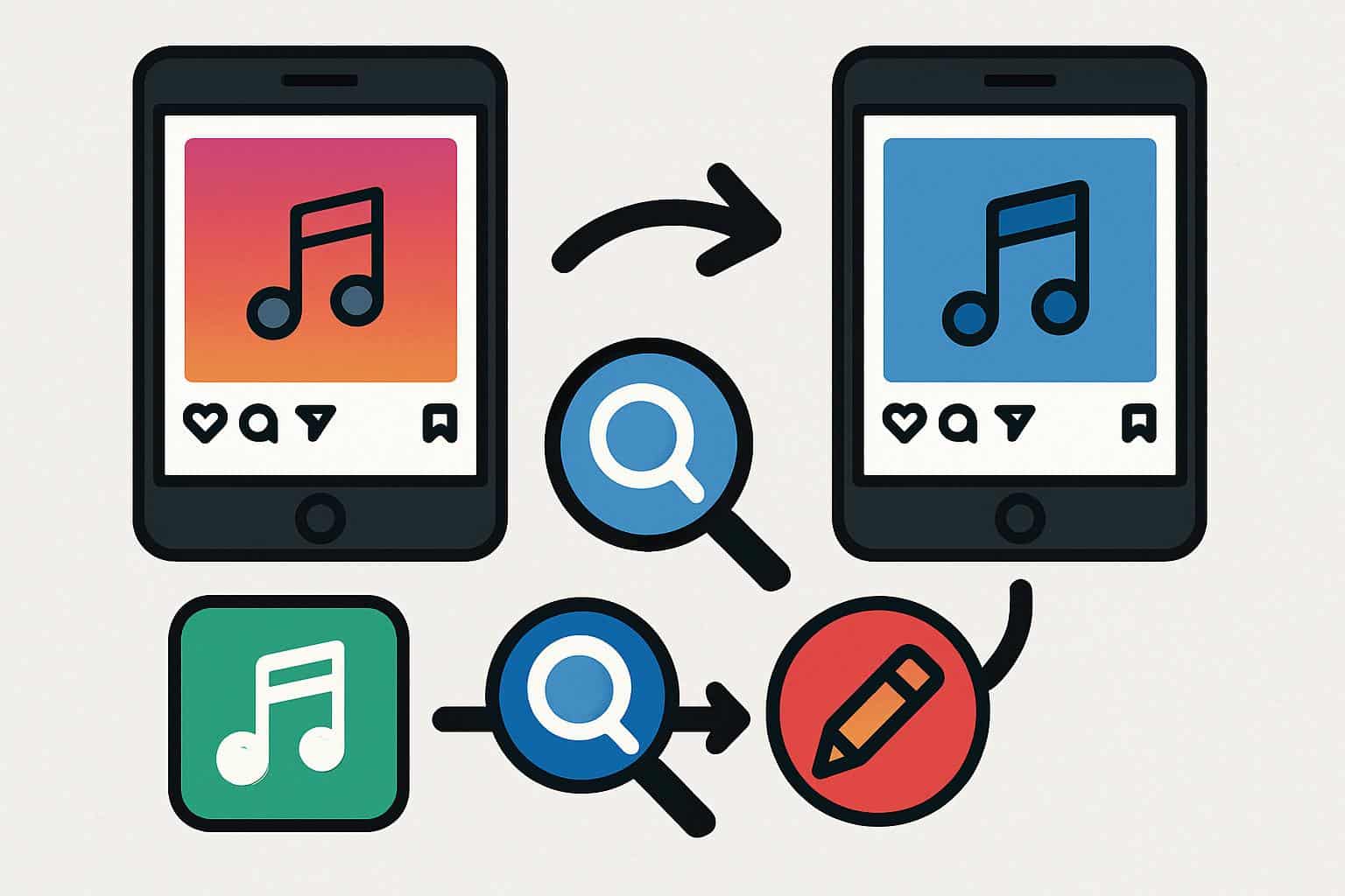 Step-by-step icons showing how to change a song on an Instagram post, phone UI and music notes.