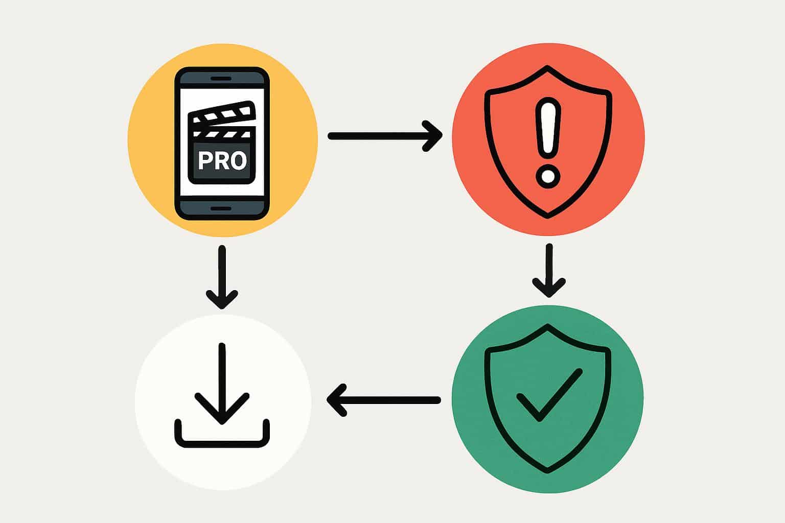 Flowchart on whether MovieBox Pro is safe to download with shield and warning icons