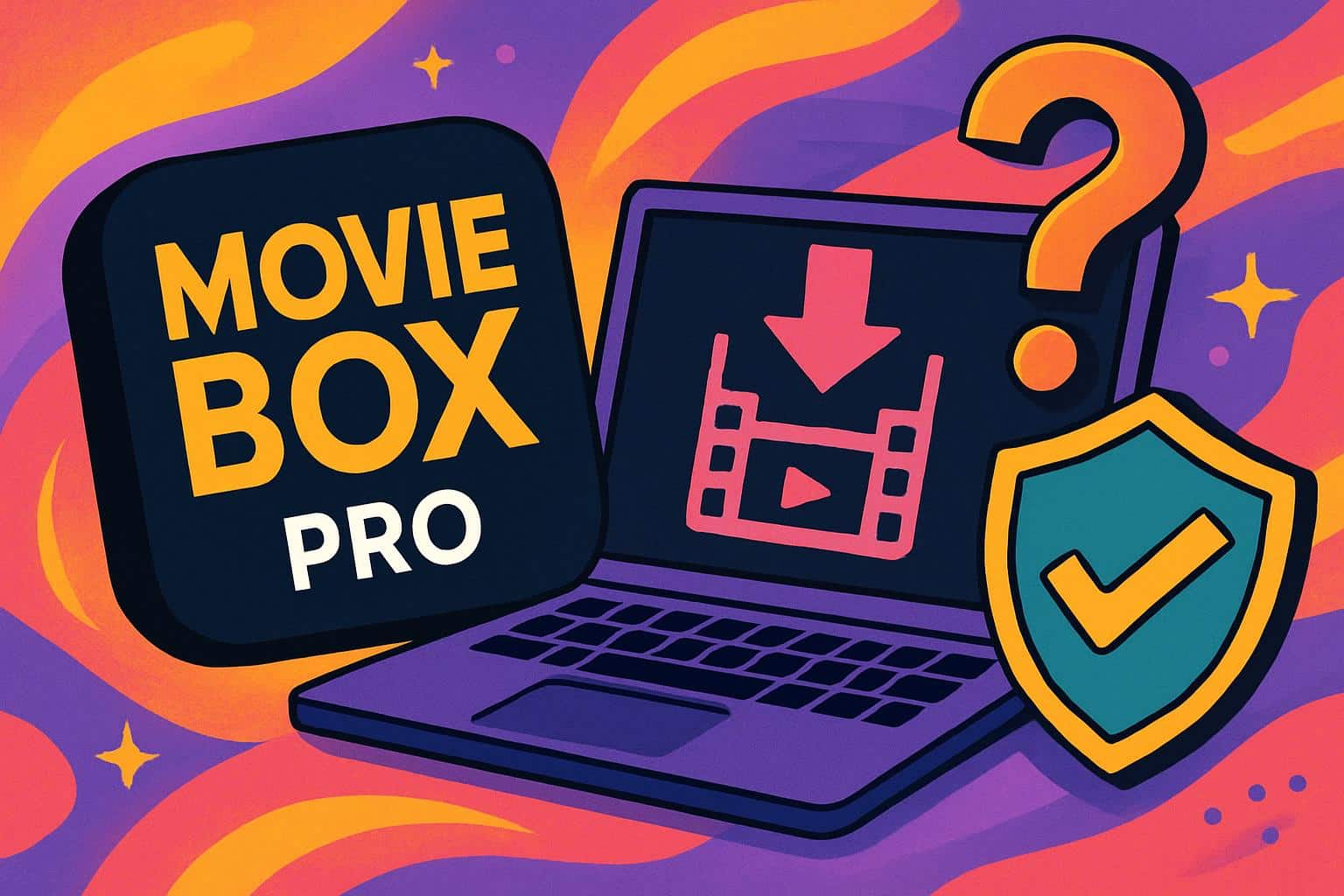Phone, film reel, and padlock highlight MovieBox Pro app safe to download concerns