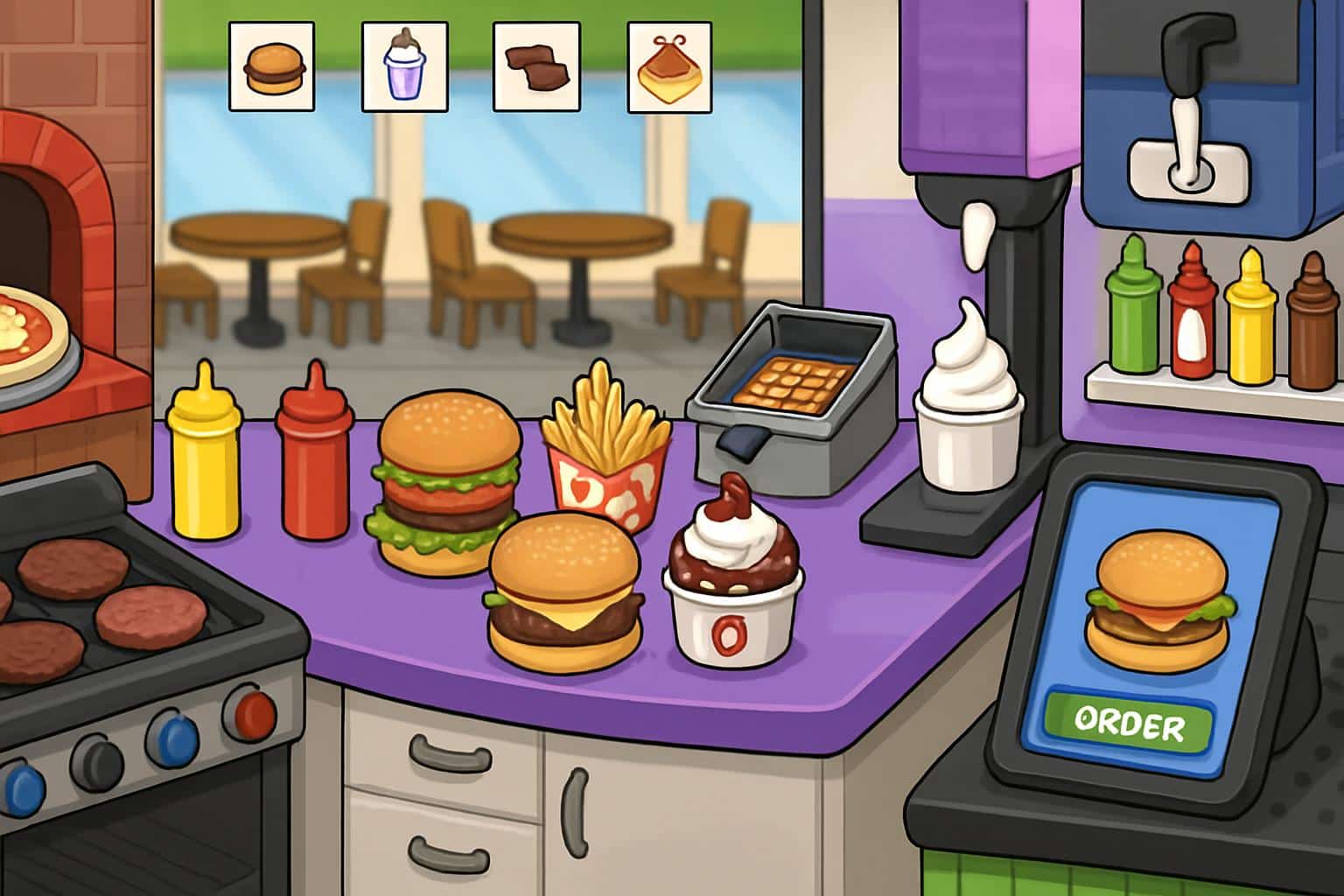 Papas games unblocked: cartoon diner kitchen with pizza oven, burger grill, fries, milkshakes
