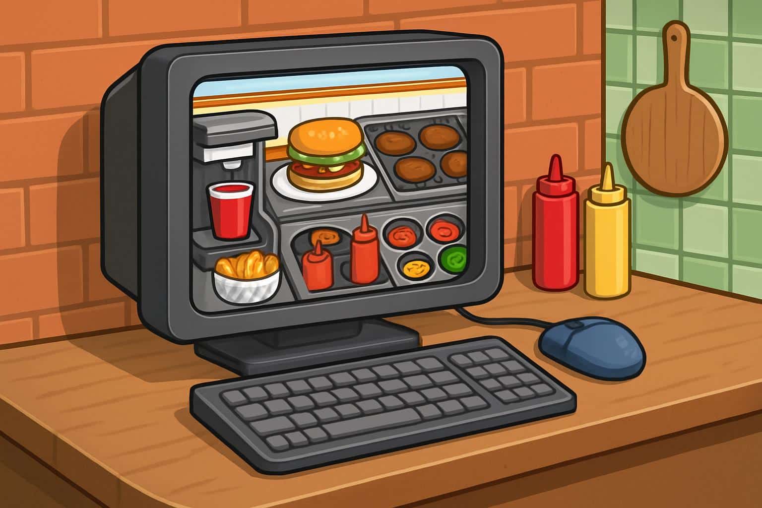papas games kitchen, isometric view: pizza, burger, fries on retro counter