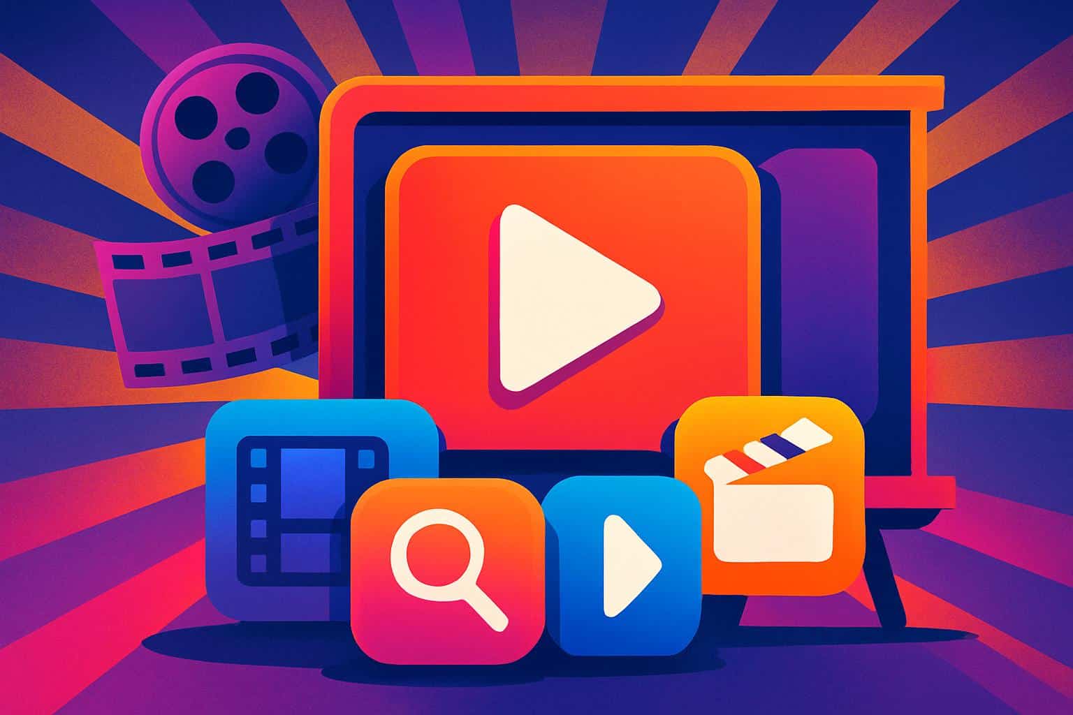 Flixtor alternatives concept with colorful film reels, play buttons, and streaming screens
