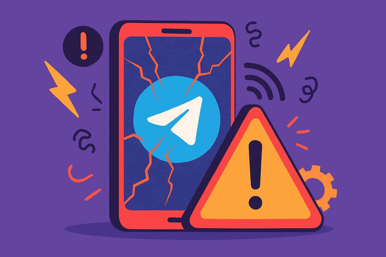 Telegram not working with a paper plane logo, broken signal and warning icons