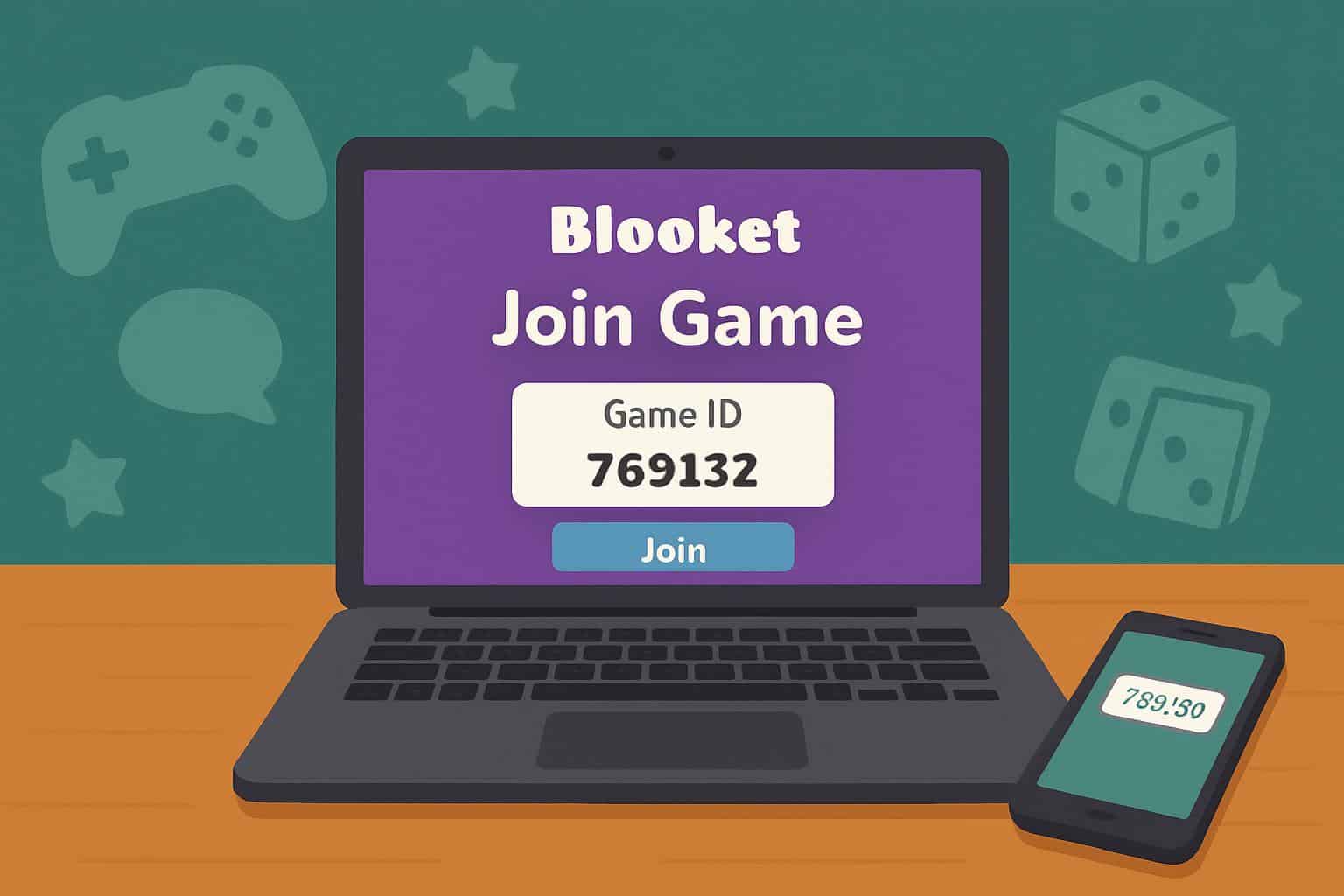 Blooket join game lobby on laptop, code entry and quiz icons in an empty classroom