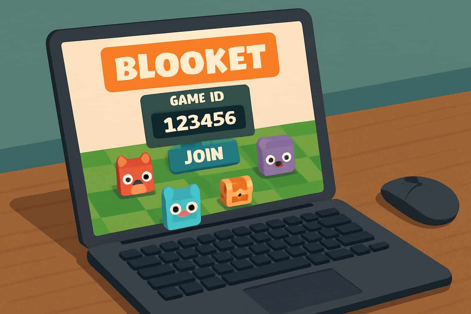 Isometric Blooket join game scene: tablet with join code entry, playful blook avatars