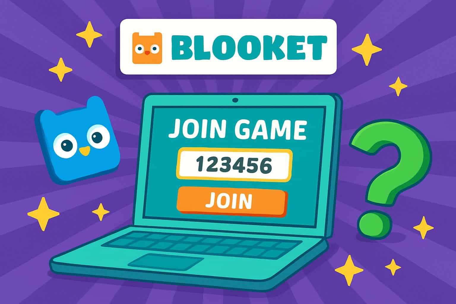 Vibrant Blooket join game lobby screen with code box, quiz icons, and playful graphics