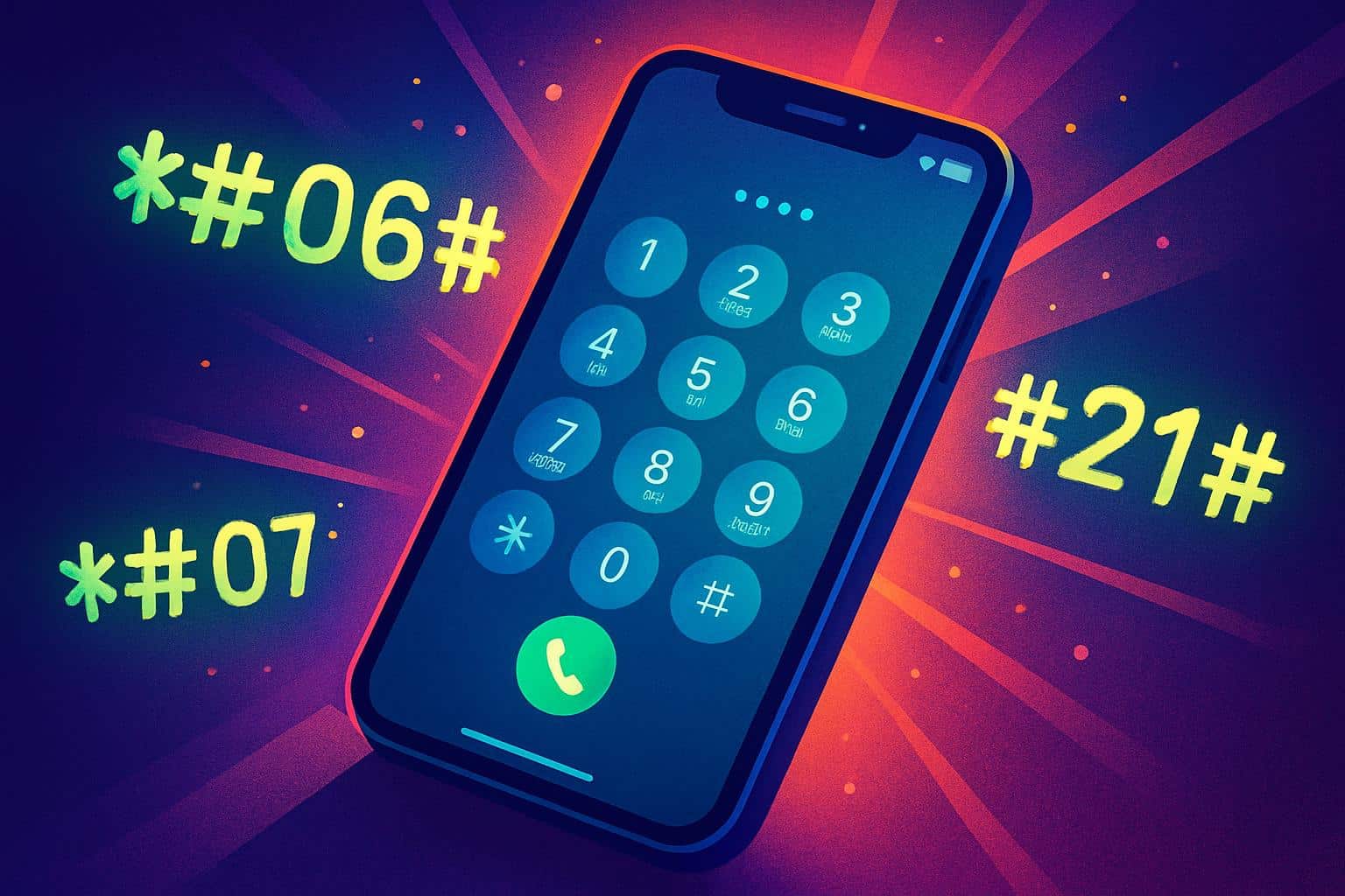Vibrant iPhone dialer with USSD star and hash icons on colorful gradient, iOS codes