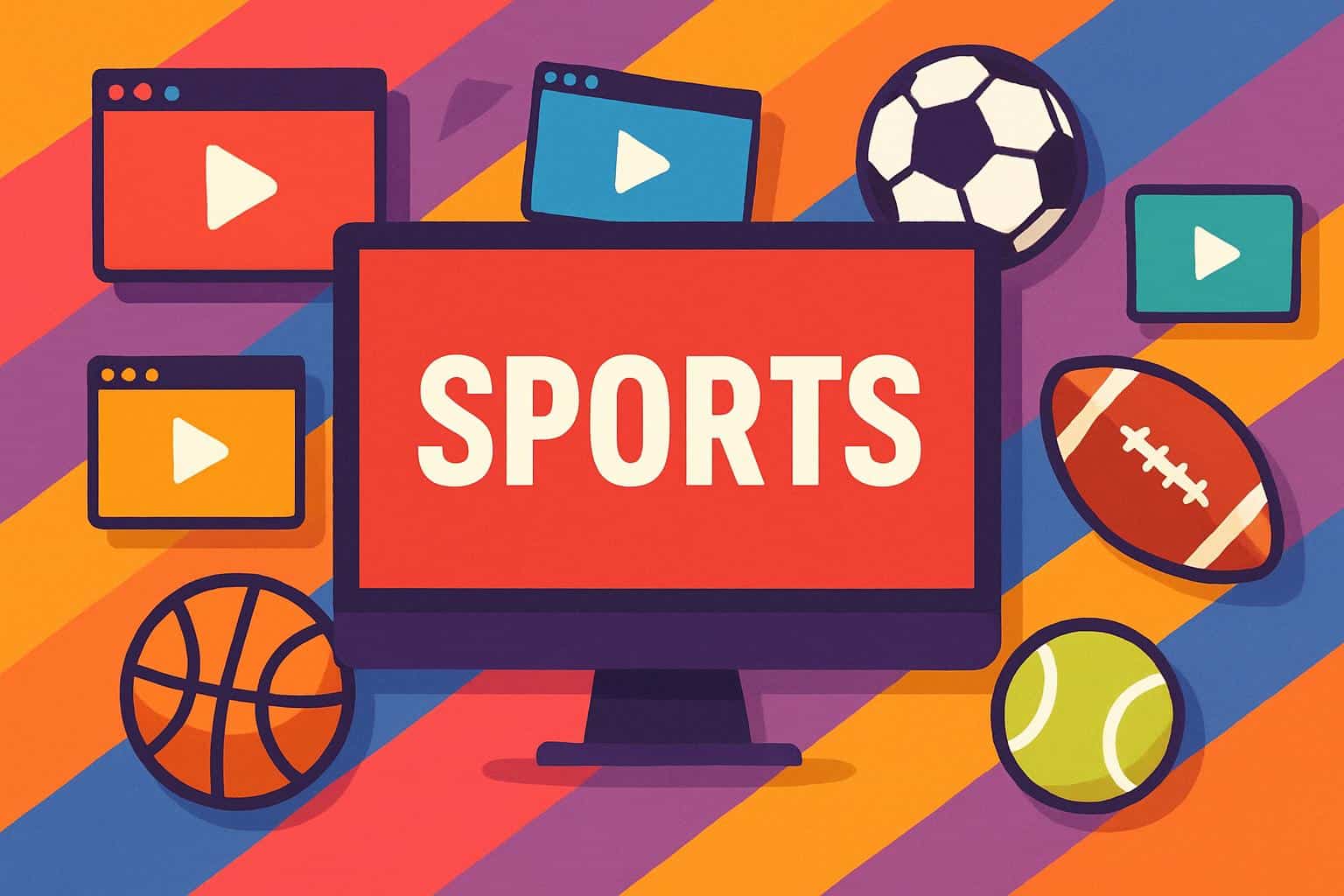 Colorful sports streaming screens for MamaHD alternatives on TV, laptop, tablet, and phone
