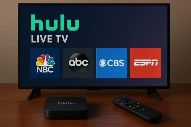 Hulu Live TV channels lineup on smart TV in modern living room, green streaming interface