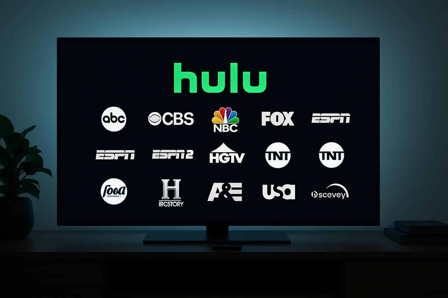 Hulu Live TV channel lineup on smart TV screen with sports, news, and movies icons