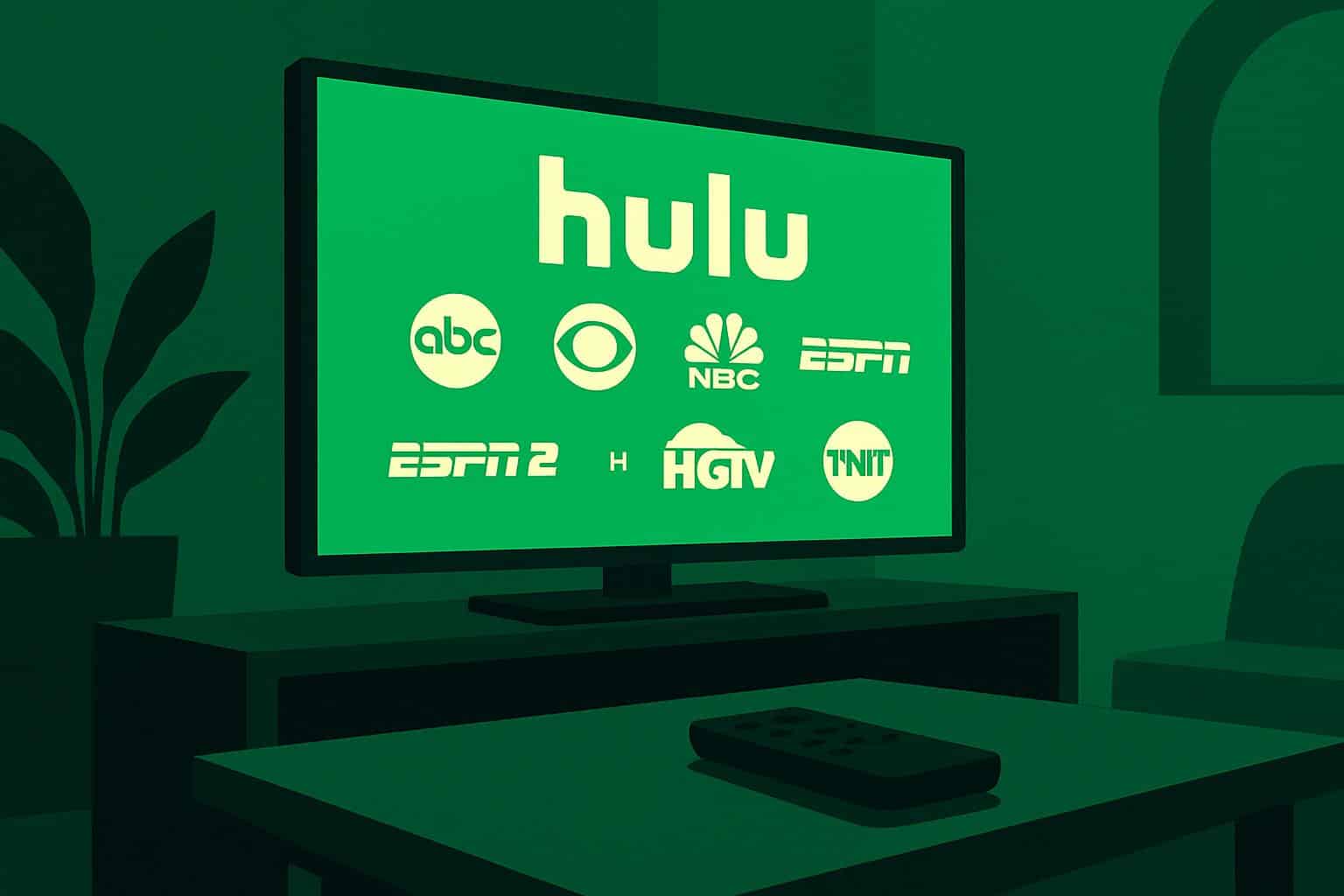 Hulu Live TV channels displayed as glowing tiles on a smart TV, angled, green theme.