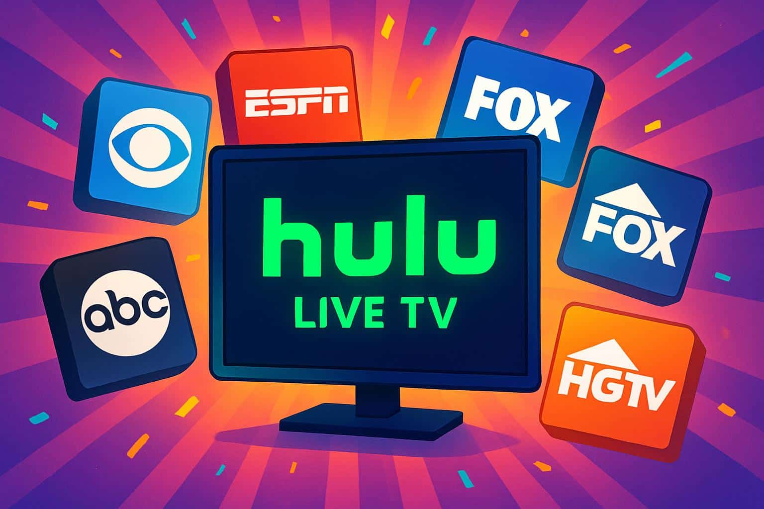 Hulu Live TV channels streaming on a vibrant smart TV with colorful channel icons