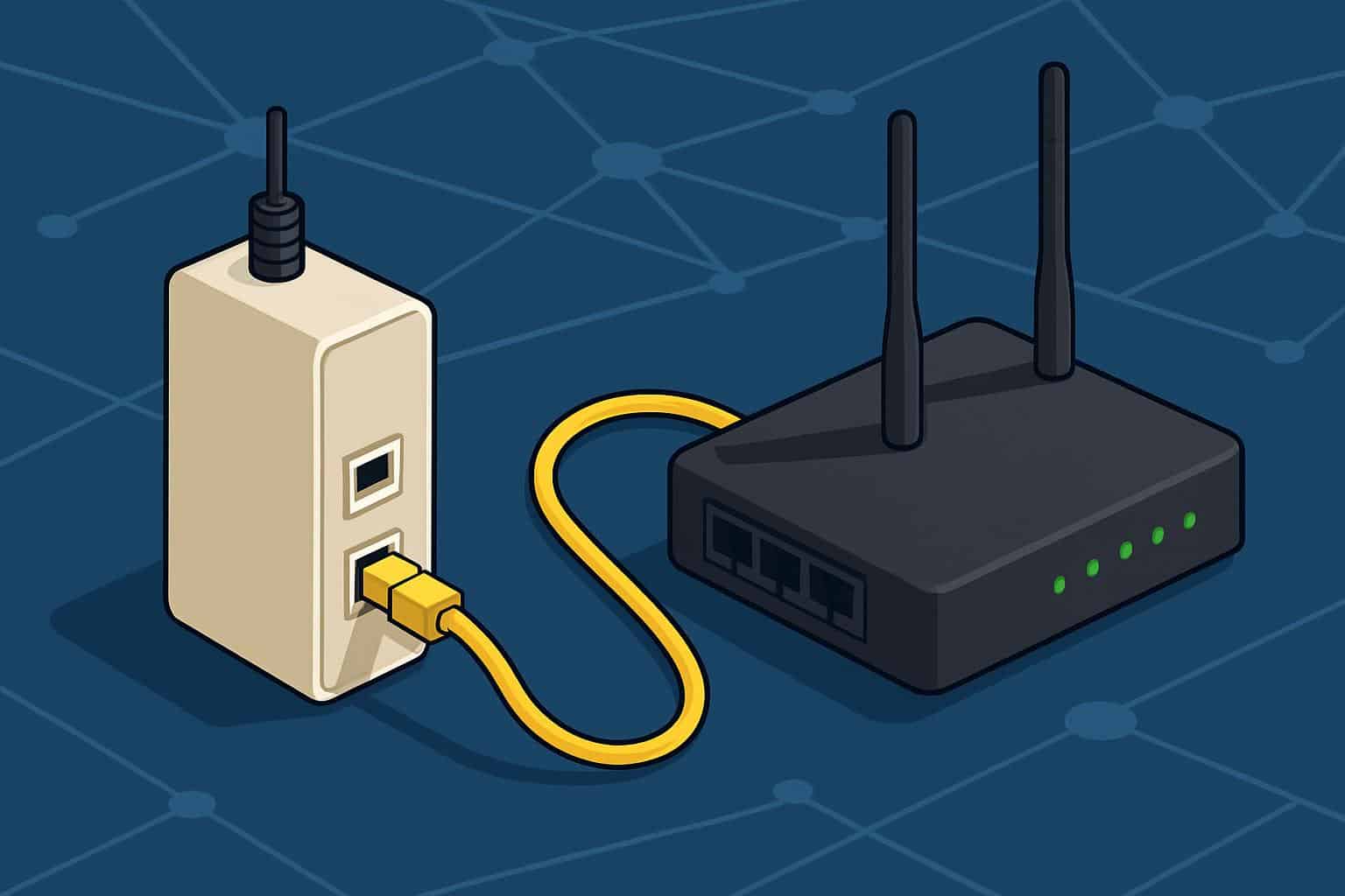 Bridge mode isometric view of ISP modem linked to Wi‑Fi router for pass-through.