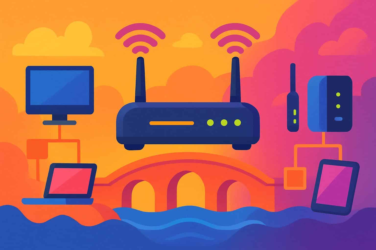 Router and modem linked in bridge mode for home network, Wi‑Fi signals and Ethernet cable
