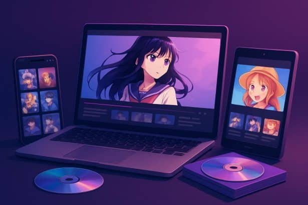 Anime streaming screens, film reel, and play icon highlighting 9anime alternatives