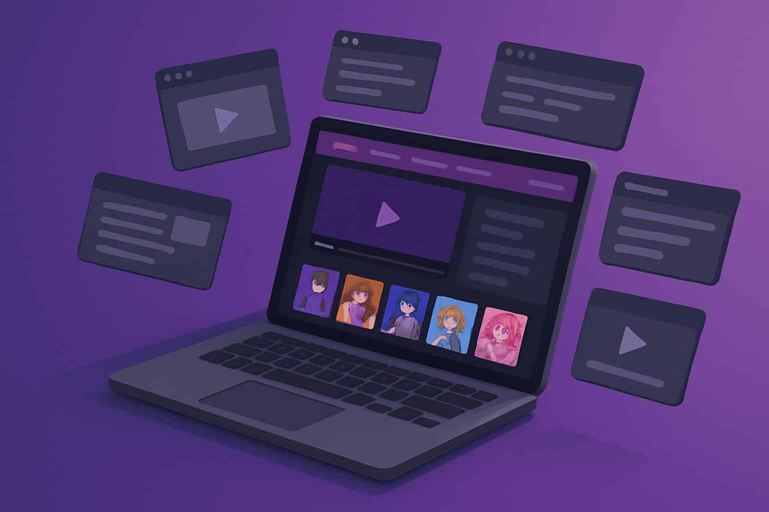Isometric collage of anime screens and play icons representing 9anime alternatives.