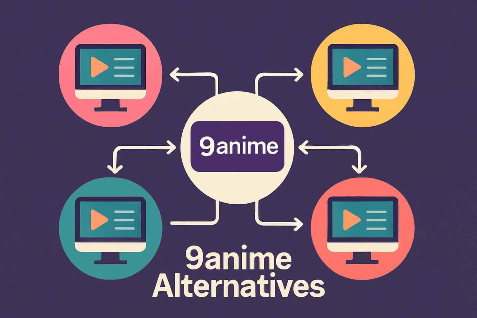 Conceptual flowchart of 9anime using anime streaming icons, arrows, and device screens