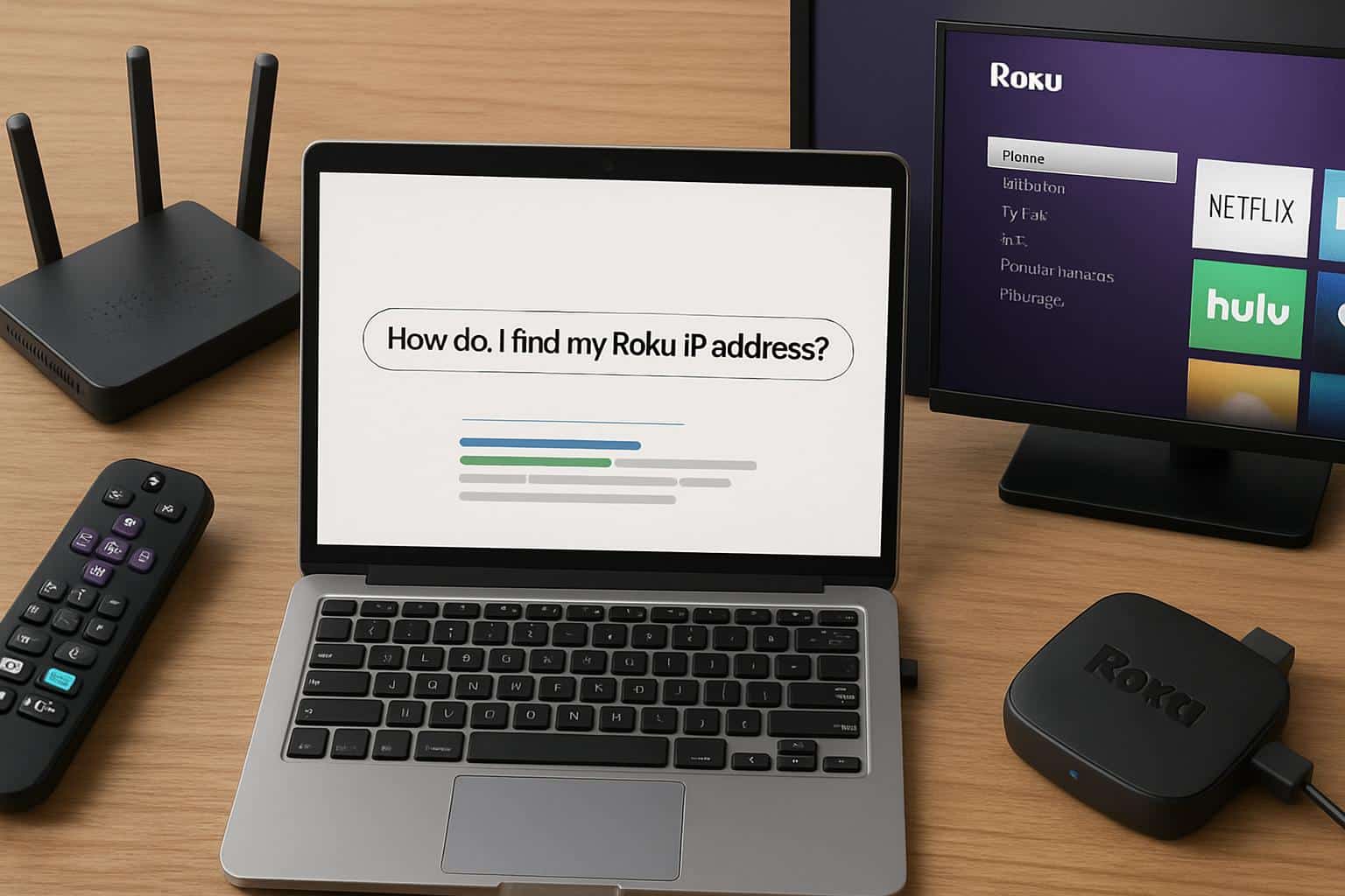 Roku IP address shown on TV network settings screen, with remote and Wi-Fi router beside