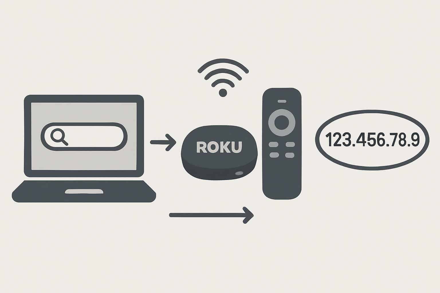 Roku device, router, and settings icons illustrating Roku IP address