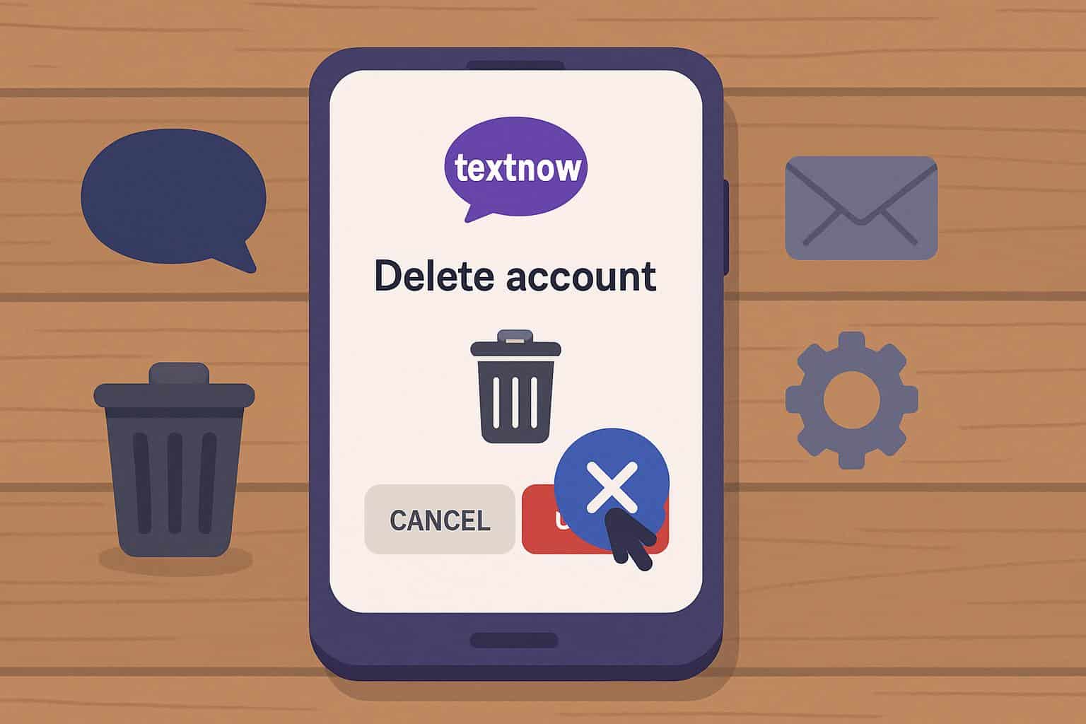 Phone with TextNow app logo, gear and trash icons for deleting a TextNow account