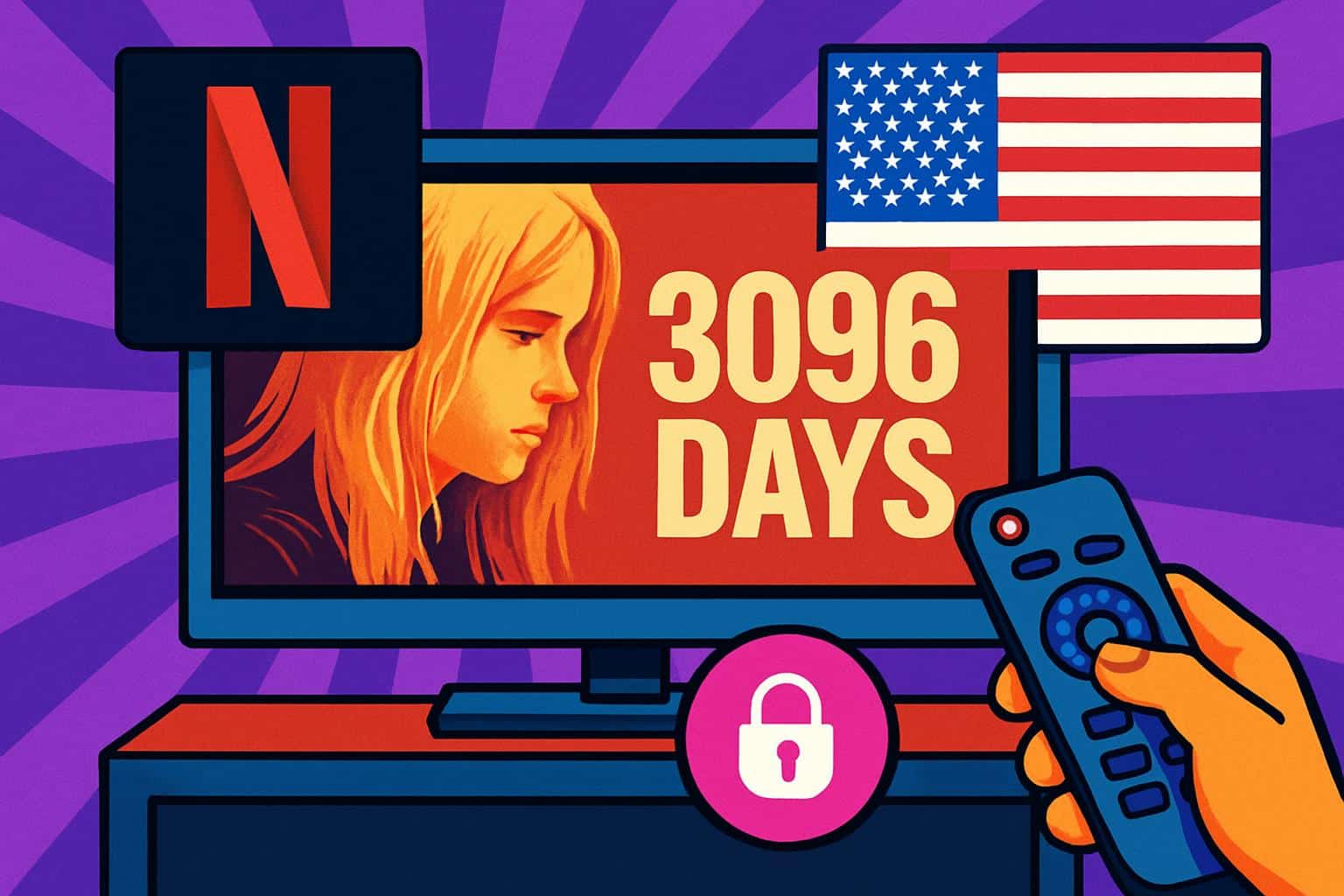 Netflix logo on TV, US map and film reel for 3096 Days streaming in the United States
