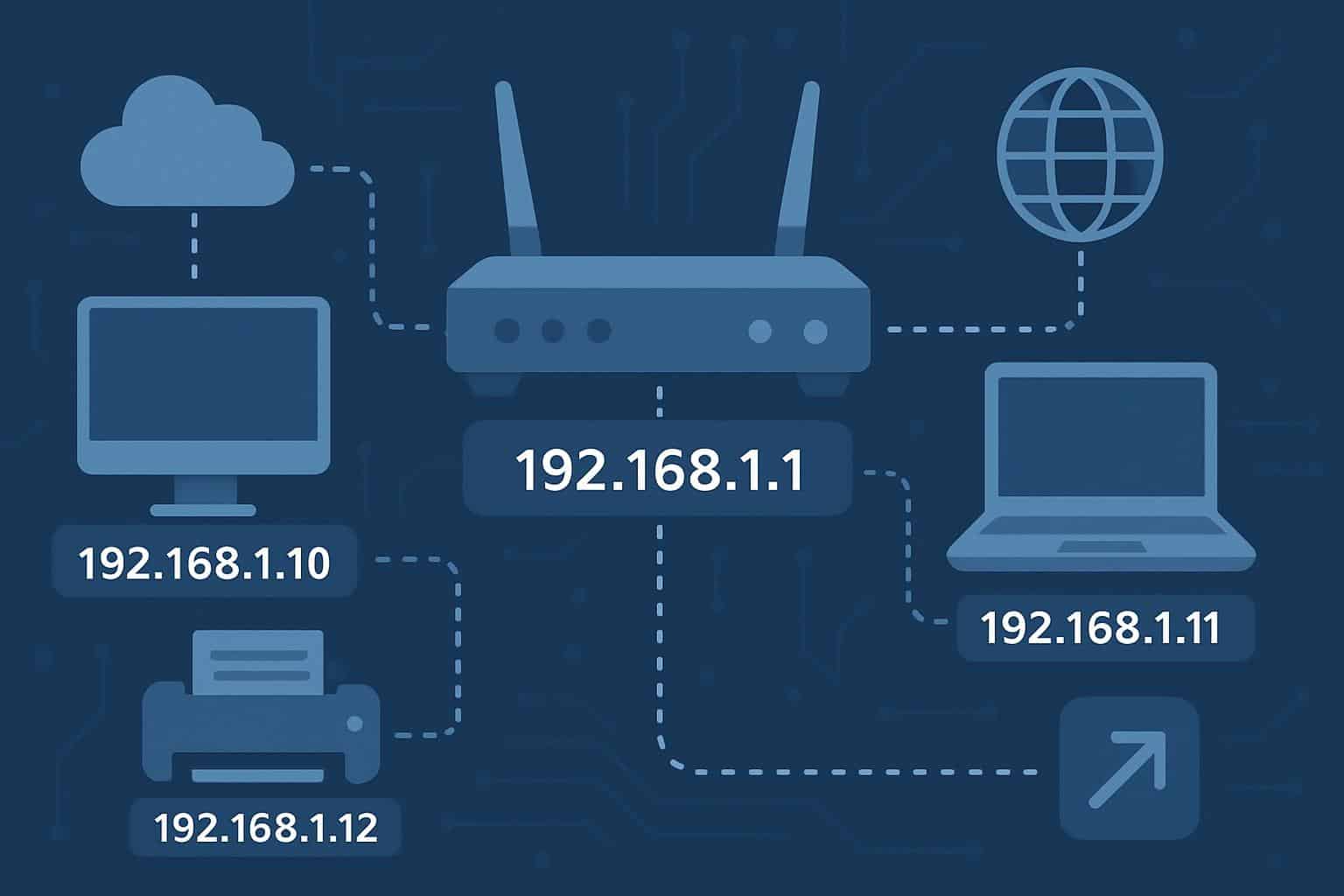 Default gateway IP address 192.168.1.1 on router connecting network devices to internet