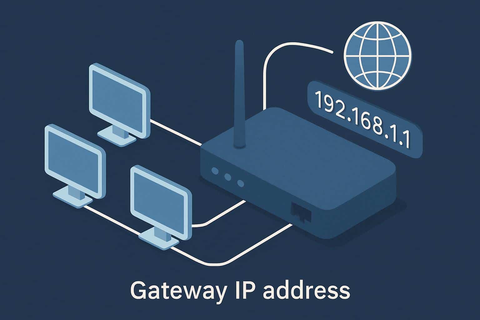 Isometric network diagram: router as default gateway, gateway IP address highlighted