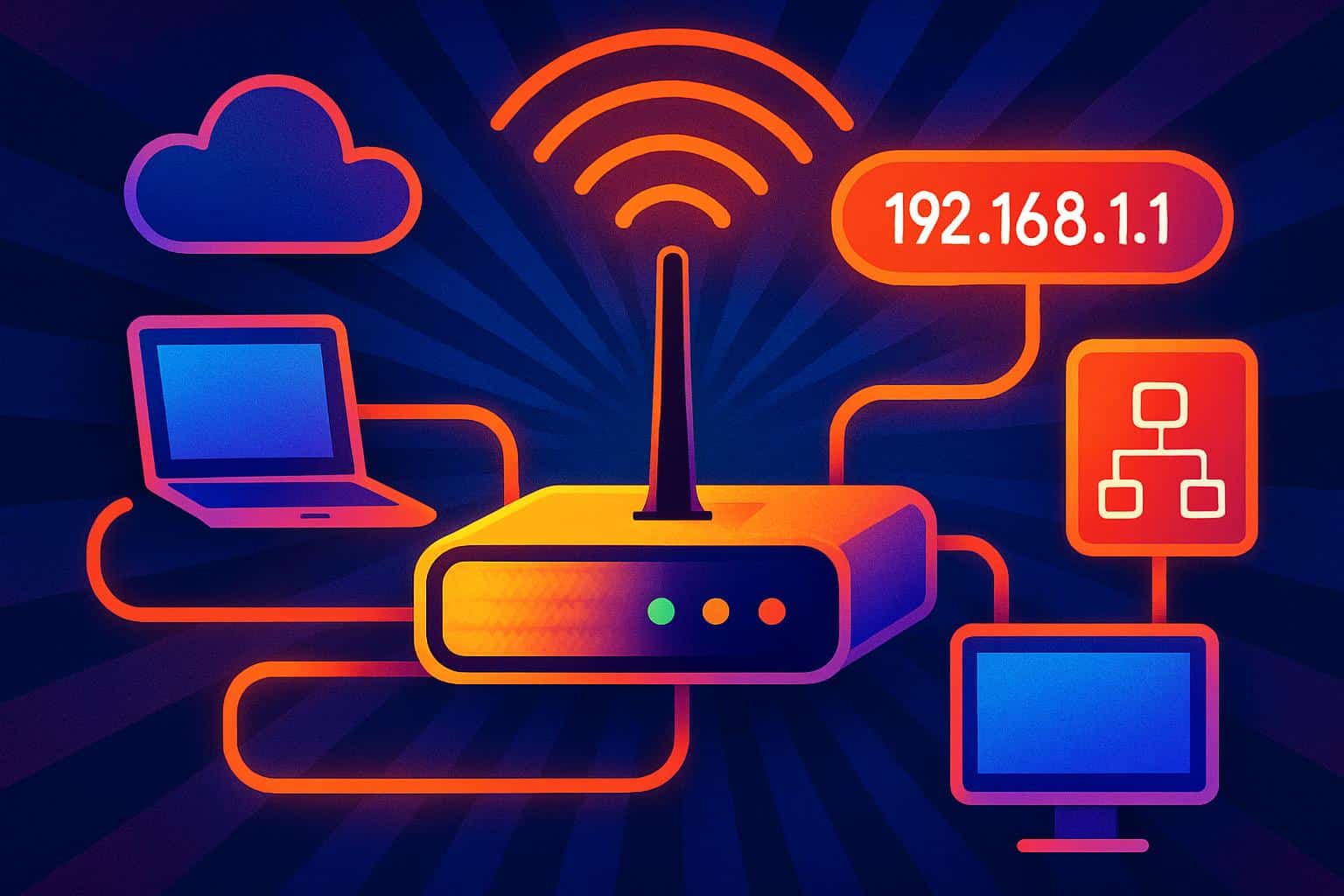 Colorful network diagram with router and default gateway IP address path through subnets
