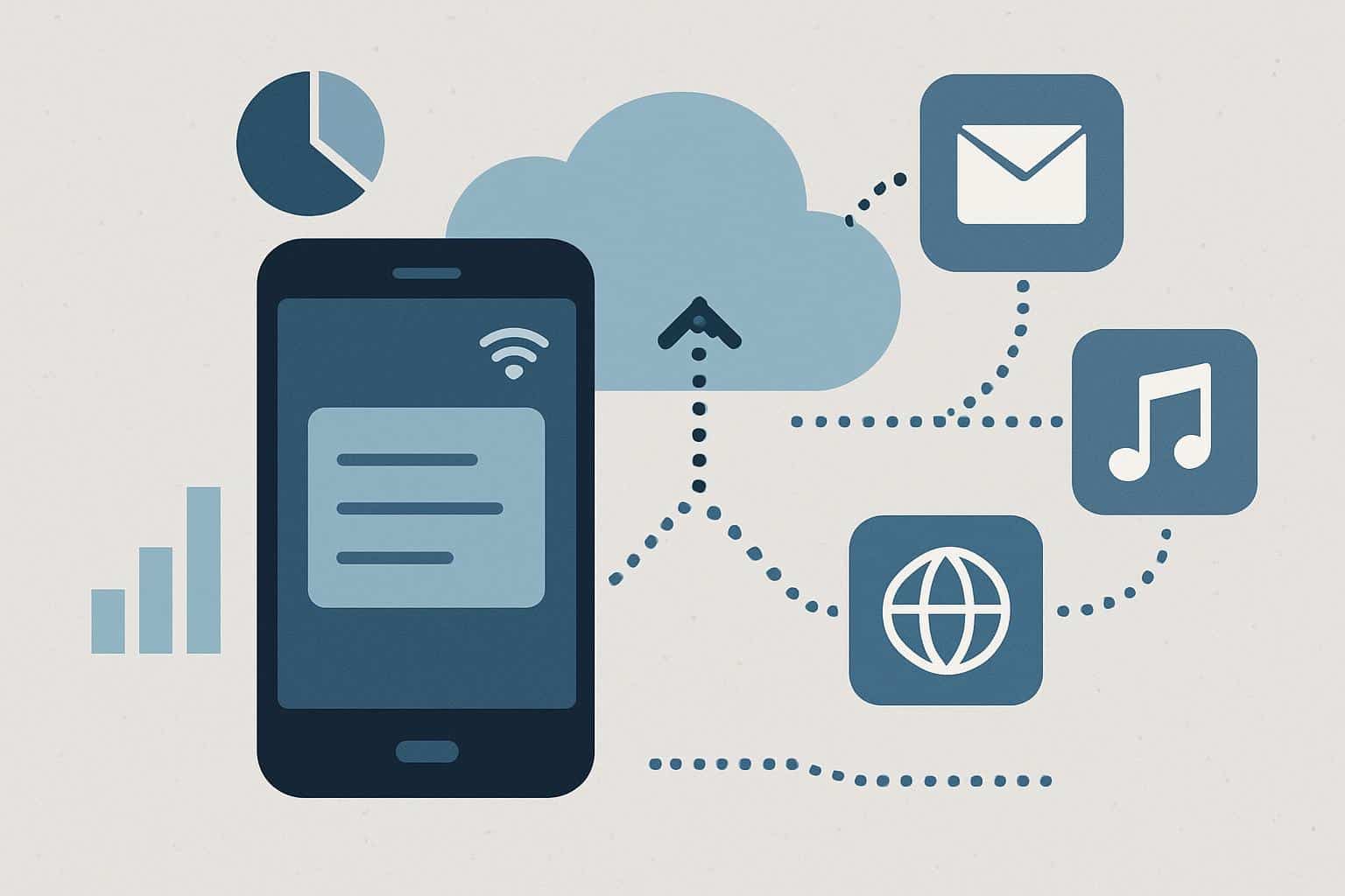 Smartphone with app icons, background data transfer arrows, Wi‑Fi and cloud sync symbols